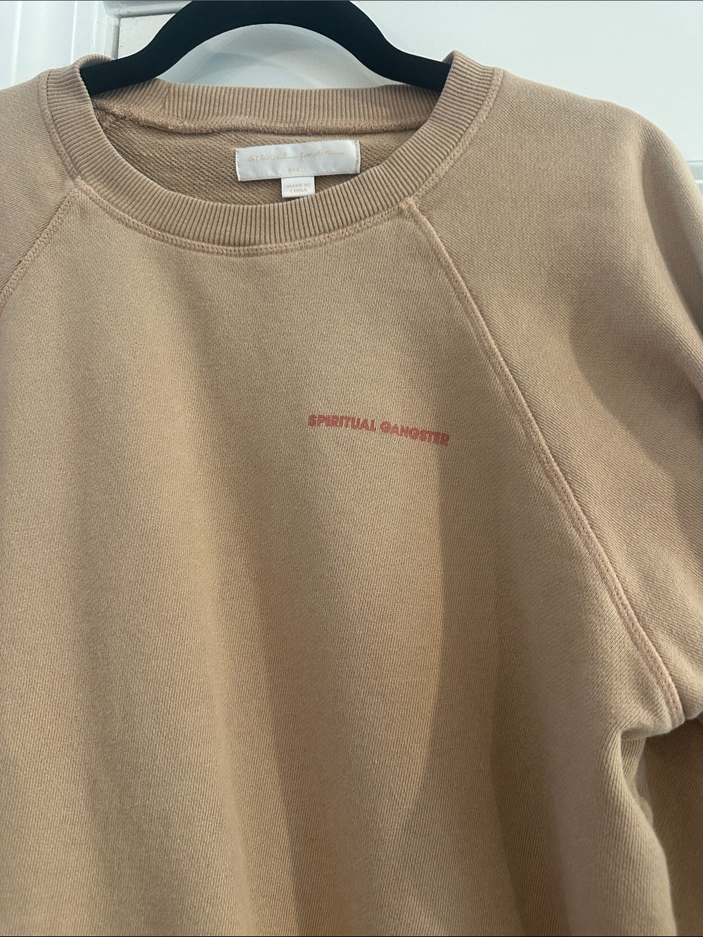 Spiritual Gangster Beige Crewneck Sweatshirt with Subtle Pink Logo - Picture 2 of 4